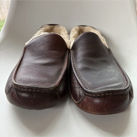 UGG ASCOT Mens Dark Brown Leather Lined Slippers Size 12 - Picture 6 of 6